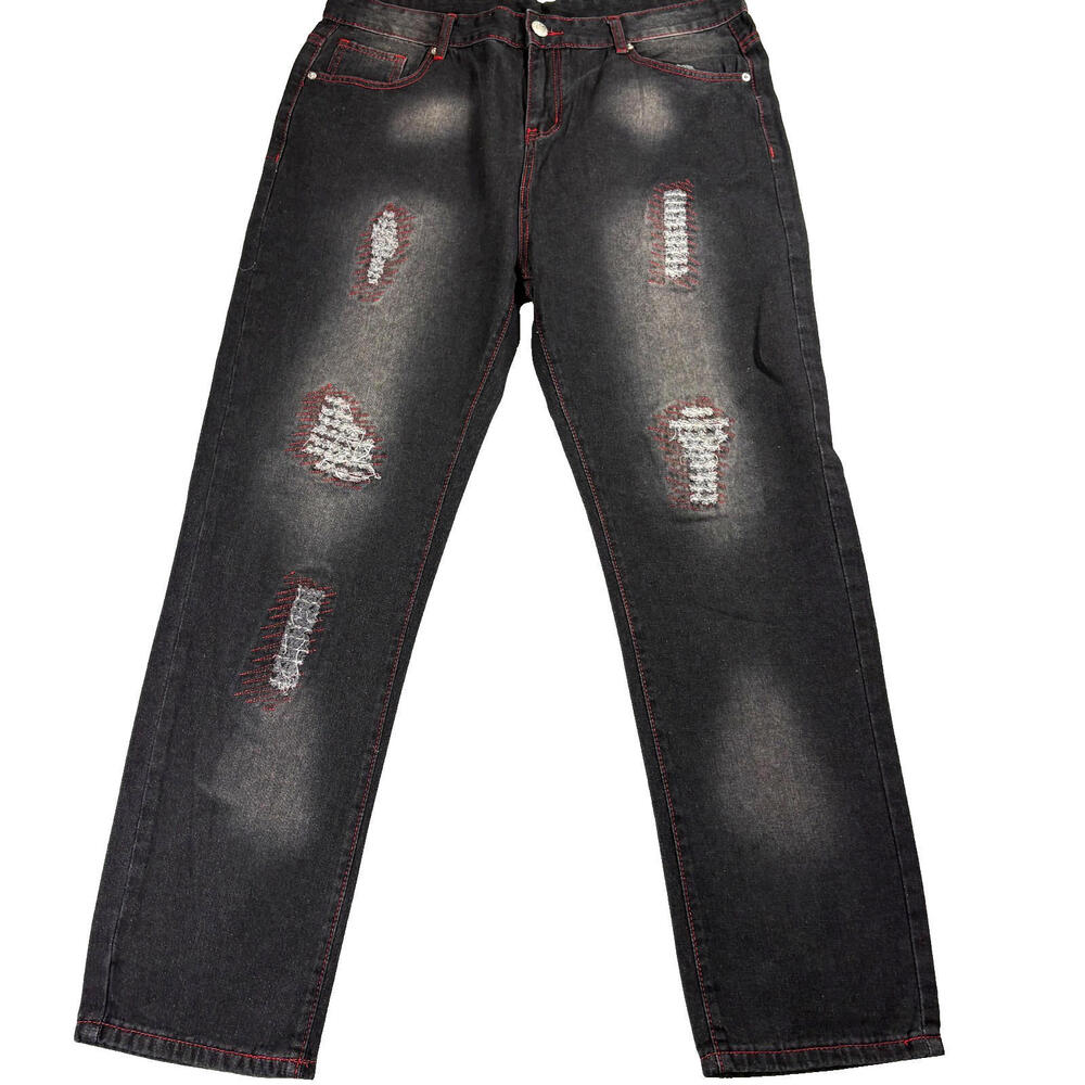 Mens Black Distressed Jeans Size 38 Slim Fit Red Stitch Grunge Streetwear NWT Y